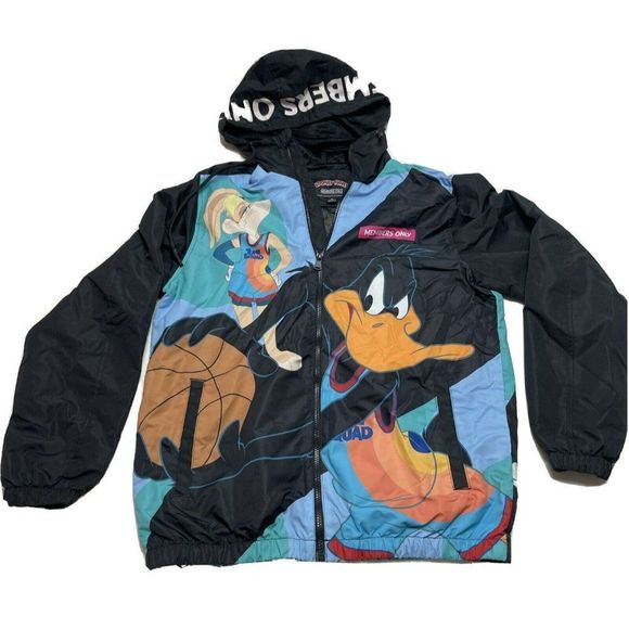 Members Only Looney Tunes Bugs Bunny Windbreaker Black Hoodie Jacket Mens Size S - Picture 1 of 8